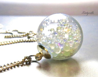 Silberne Halskette Seifenblasen: Regenbogen Perlen in Glaskugel