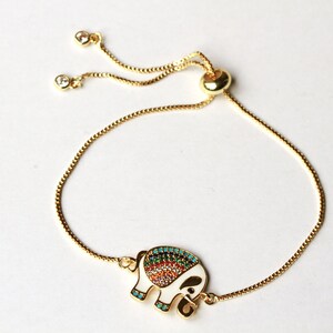 Bracelet éléphant zircone émaillé comme un beau cadeau pour elle, un véritable bracelet plaqué or avec une perle coulissante, taille réglable image 5