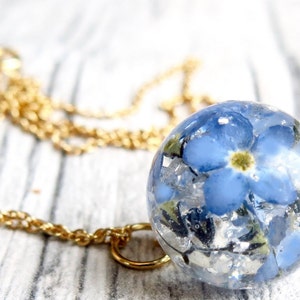 Sterling silver necklace forget-me-not resin with silver leaf floral jewelry and romantic gift for her and for nature lovers