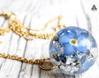 Sterling silver necklace forget-me-not resin with silver leaf floral jewelry and romantic gift for her and for nature lovers