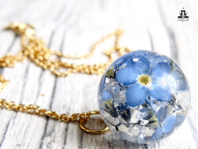 Sterling silver necklace forget-me-not resin with silver leaf floral jewelry and romantic gift for her and for nature lovers image 1