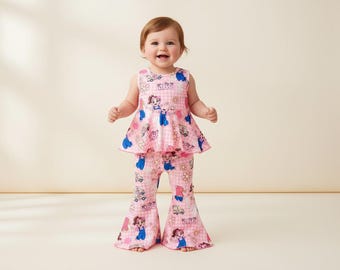 Ms. Rach*l Inspired Pink Bell Bottom Outfit – Toddler Ruffle Peplum Top & Flare Pants Set