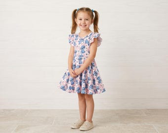 Pink Stich Character Print Dress | Flutter Sleeve Twirl Dress for Girls