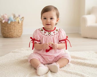 Pink Striped Baby Romper | Smocked Baseball Outfit with Red Bows