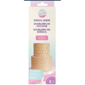 May include: A package of Frost Form stencil liners with the text "STENCIL LINERS" and "ART DECO". The package shows two gold and white patterned stencil liners. The liners are designed for decorating cakes and pastries.