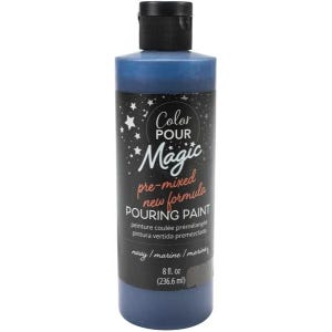 May include: A navy blue bottle of Color Pour Magic pre-mixed pouring paint. The label includes the text "new formula" and "8 fl. oz (236.6 ml)". The bottle has a black cap and is designed for pouring paint projects.