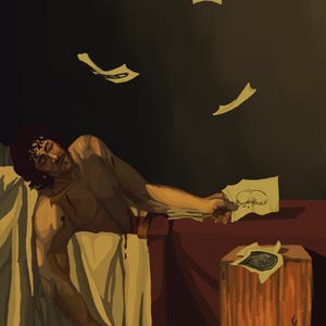 Puede incluir: Ilustración artística de un hombre reclinado en una cama, con papeles flotando. La obra presenta un fondo oscuro, con el cuerpo del hombre en tonos cálidos y la cama en rojo. La firma del artista es visible.