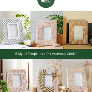 May include: Six 6-inch wooden photo frames with different carved designs. The frames are in various shades of brown and white. The designs include geometric patterns, floral motifs, and leaf patterns. The text "6 Digital Templates + DIY Assembly Guide" is displayed below the frames.