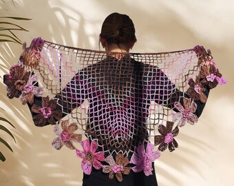 Handmade Crochet Floral Shawl, Bohemian Cotton Triangle Scarf