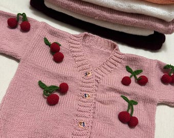 Handmade Cherry Knit Cardigan for Girls | Cottagecore Kids Sweater (4-8 Years)