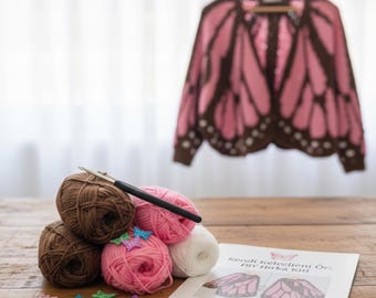 Butterfly Crochet Cardigan Kit DIY Butterfly Wing Sweater Set  Includes Soft Yarn and Crochet Hook - Pink and Brown Butterfly Jacket Pattern