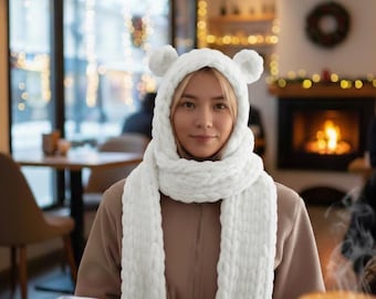 Puffy Yarn Bear Balaclava Scarf Pattern, Finger Knitting, No Hook (PDF Pattern)