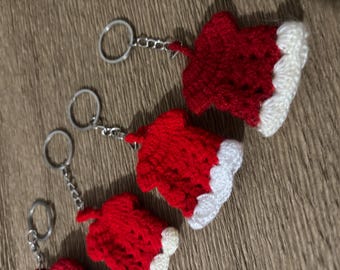 Handmade Crochet Dress Keychains, Red White Amigurumi Bag Charm