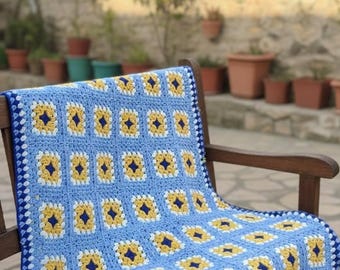 Handmade Crochet Granny Square Baby Blanket, Blue Yellow Cotton Crib Afghan, Boho Nursery Decor
