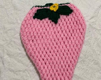 Hand-Crocheted Strawberry Washcloth, Turkish Cotton Bath Scrubber