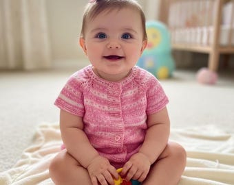 Hand-Knitted Pink and White Striped Baby Cardigan - 0-2 Years, Made with Love by Grandma