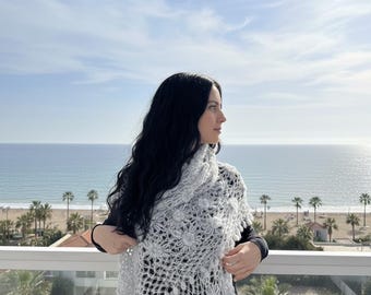 Handmade Grey Crochet Shawl, Floral Lace Triangle Wrap, Evening Scarf
