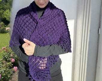Hand Knitted Deep Purple Shawl, Crochet Lace Triangle Wrap, Victorian Style