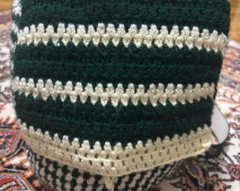 Hand-Crocheted Backpack, Dark Green White, Edelweiss Flower Straps, Cottagecore Knit Bag