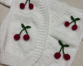Handmade Cherry Knit Cardigan for Girls | White Cottagecore Sweater (4-8 Years)