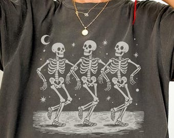 Dancing Skeletons T-Shirt, Witchy Celestial Tee, Dark Academia Spooky Danse Macabre Graphic Shirt