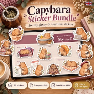 Capybara Stickers Bundle 36 Cute Funny PNG Digital Planner Stickers for GoodNotes iPad Transparent Printable A4 Letter PDF