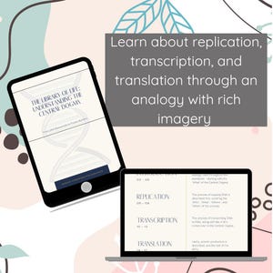 May include: A smartphone and laptop display educational content. The smartphone shows a book cover titled "The Library of Life: Understanding the Central Dogma." The laptop screen displays information about replication, transcription, and translation.