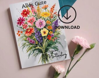 Carte pliante, carte fête des mères, téléchargement numérique, cartes de vœux, bouquet de fleurs, aquarelle