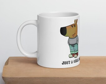 Divertida taza blanca brillante "Chill Guy"