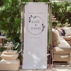 Cartello per matrimonio in lino, elegante cartello di benvenuto per matrimonio, elegante striscione in lino, cartello per matrimonio boho neutro, striscione in tessuto con nome e data della coppia