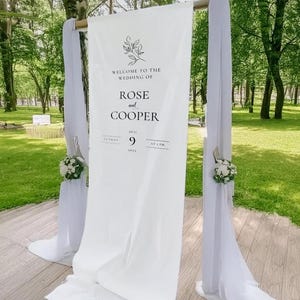 時代を超越したモダンなウェディングバナー、結婚式用の素朴でシックなエントランスサイン、屋外ウェディングのウェルカムサイン、セレモニーファブリックバックドロップサイン