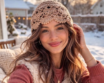 Gorro de encaje de crochet hecho a mano: elige tu color, estampado festoneado, gorro bohemio ligero.