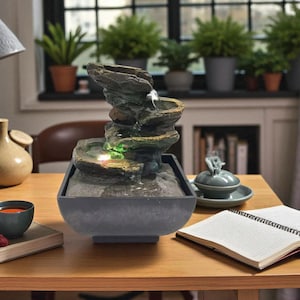 LED Tabletop Water Fountain – 3-Tier Resin Zen Decor for Home, Office or Meditation – Indoor Mini Waterfall Feature