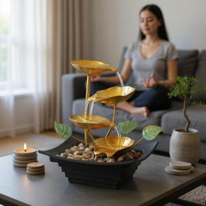 Feng Shui Tabletop Water Fountain – 4-Tier Indoor Waterfall with Lights – Relaxing Desktop Zen Decor