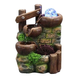 LED Light Tabletop Water Fountain: Rustic Zen Decor with Wheel & Crystal Ball