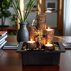 Rustic Tabletop Water Fountain with Candle Holders - Zen Decor