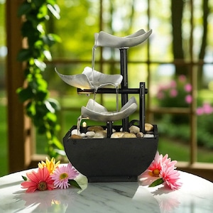 Zen Tabletop Fountain with LED Light – Indoor Waterfall Decor with Cascading Bowls and Natural Stones – Relaxing Desk Water Feature for Home