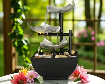 Zen Tabletop Fountain with LED Light – Indoor Waterfall Decor with Cascading Bowls and Natural Stones – Relaxing Desk Water Feature for Home