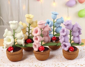 Crochet Bell Orchid with Potted Knitted Flowers & Light, Handmade Artificial Flower Decor for Desktop, Bookshelf Easter Decoration