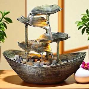 Tier Lotus Tabletop Fountain with LED Light USB Powered Indoor Waterfall Feature for Home, Office, Meditation & Relaxation Decor