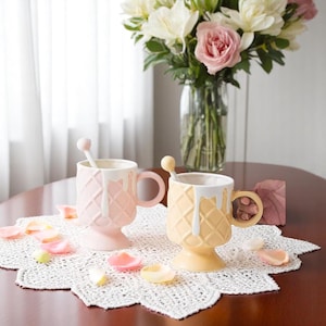 Handmade Ice Cream Mug with Spoon: Pink Ceramic Coffee Cup