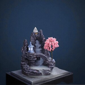 Backflow Incense Burner Waterfall | Zen Fountain with Pagoda & Tree | Aromatherapy Smoke Cascade Decor