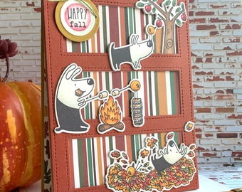 Happy Fall Card - handmade autumn greeting card, dog and birdie roasting s'mores, sending happy wishes to friend or family for any occasion