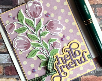 Handmade Hello Friend Greeting Card with purple flowers