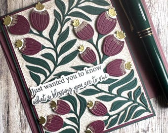 Handmade Thank You Card, Burgundy Floral Greeting Card