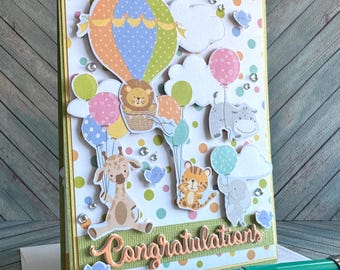Handmade Congratulations Baby Card, Animals with Balloons