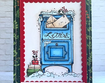 Handmade Christmas Card - beautiful holiday greeting card with nostalgic image of vintage winter mailbox, gender neutral, really special