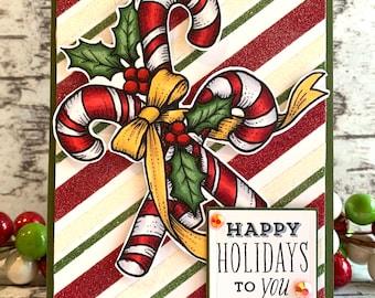 Handmade Holiday Card - Christmas greeting card with hand colored candy canes and lots of glitter, happy holidays to you, gender neutral