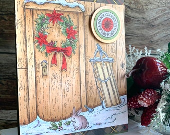 Rustic Country Season's Greetings Card - really special for holiday Christmas, featuring outdoor shed with sled and wildlife, old fashioned