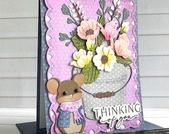 Handmade Thinking of You Card with a Mouse by a Flower Pail
